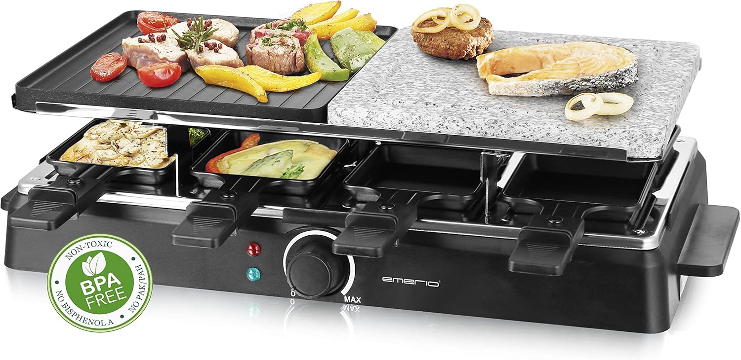 Emerio Raclette for up to 8 People with Hot Stone and Grill Surface in Combination, Adjustable Temperature, Natural Stone Plate, Includes 8 Pans, Stoneware, Non-Stick Coating RG-126708
