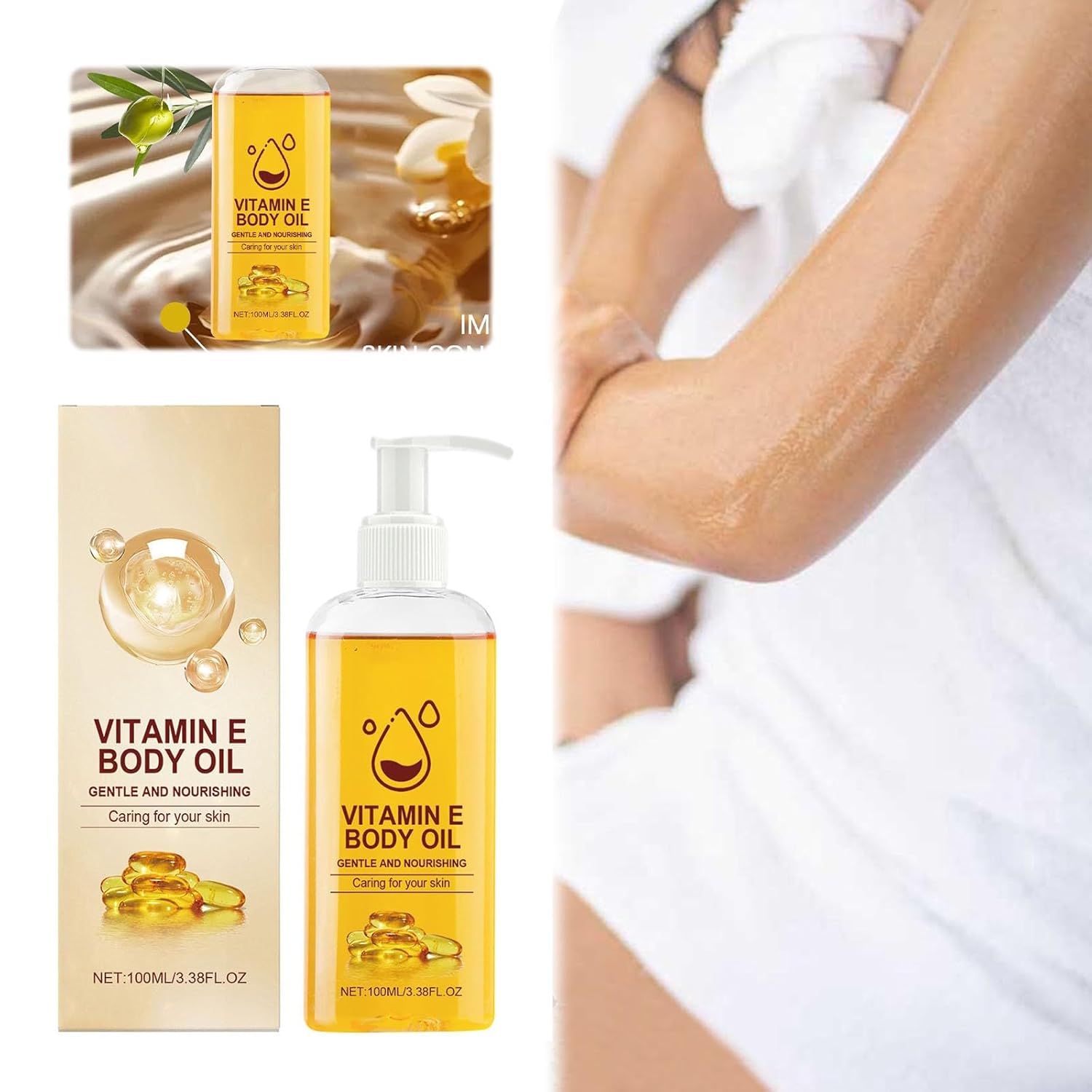 Generic Vitamin E Body Oil, Moisturising, Brightening, Skin Nourishing, Repairing and Moisturising Oil, 100 ml KhE919 (Yellow, 4 x 15 cm)
