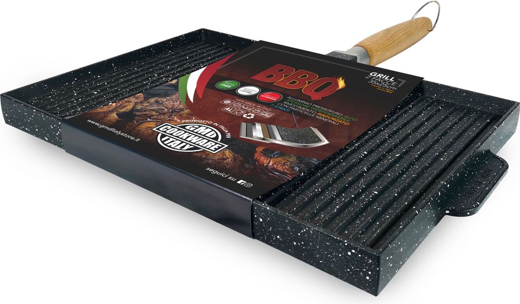 GMD COOKWARE Rectangular grill 35x25 cm, non-stick coated, with folding wooden handle