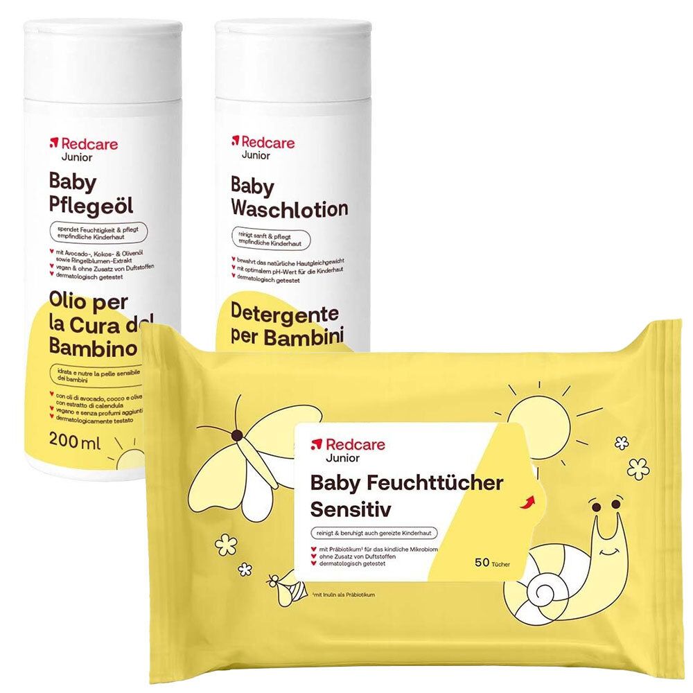 Redcare Baby Junior Sensitive Wipes 50 Pieces + Redcare Junior Baby Wash Lotion 200 ml + Redcare Junior Baby Care Oil 200ml