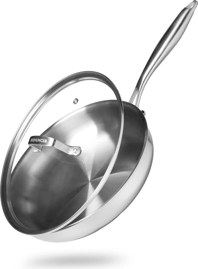 REISHUNGER stainless steel frying pan, uncoated, with lid (⌀ 28 cm) - oven-safe up to 220 degrees - perfect for hot frying