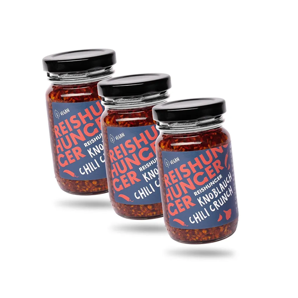 REISHUNGER Garlic Chili Crunch, 3 x 115 g - ready-made crispy chili oil made from garlic flakes, mildly spicy chili and aromatic onions