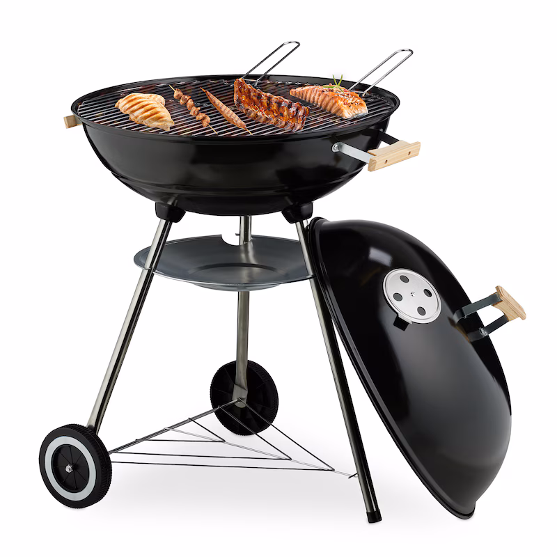 Relaxdays Kettle Grill, Ø 54 cm Grill Grate, Outdoor BBQ, Charcoal Grill with Wheels & Stand, Drip Tray, Smoker, Black
