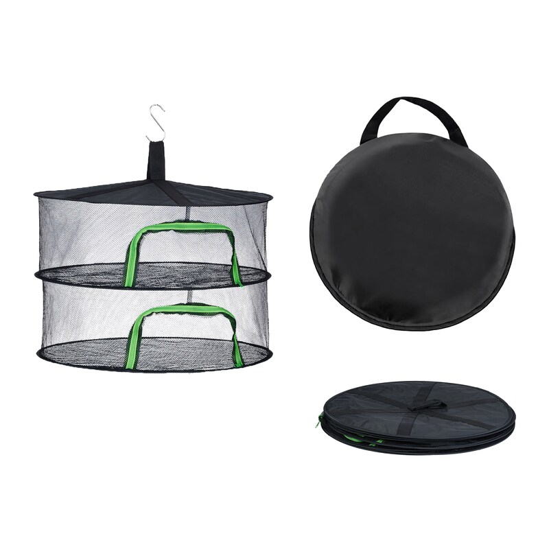Relaxdays Foldable Drying Net, 2-Tier Drying Net for Herbs, Fruit, Vegetables, Hanging Fish Dryer, Green/Black