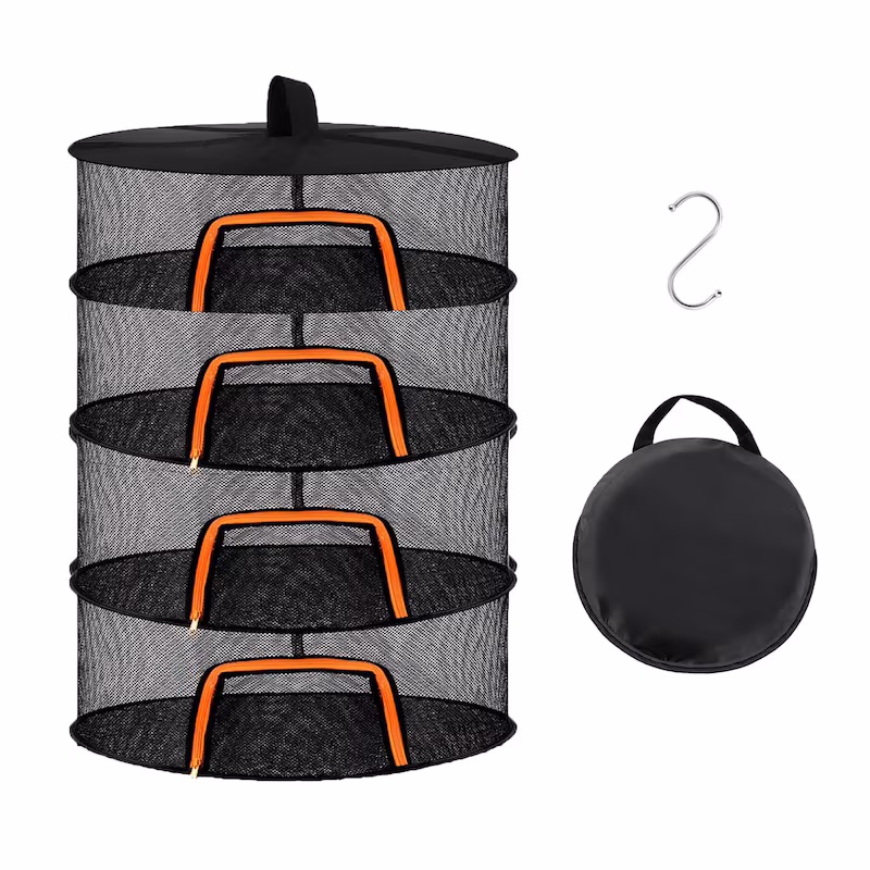 Relaxdays Foldable Drying Net, 4-Tier Drying Net for Herbs, Fruit, Vegetables, Hanging Fish Dryer, Orange/Black