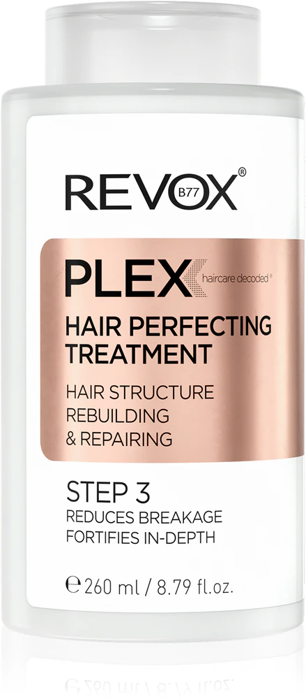 Revox B77 PLEX Hair Perfecting Treatment. Step 3 moisturizer for use before shampooing for color-treated and damaged hair.
