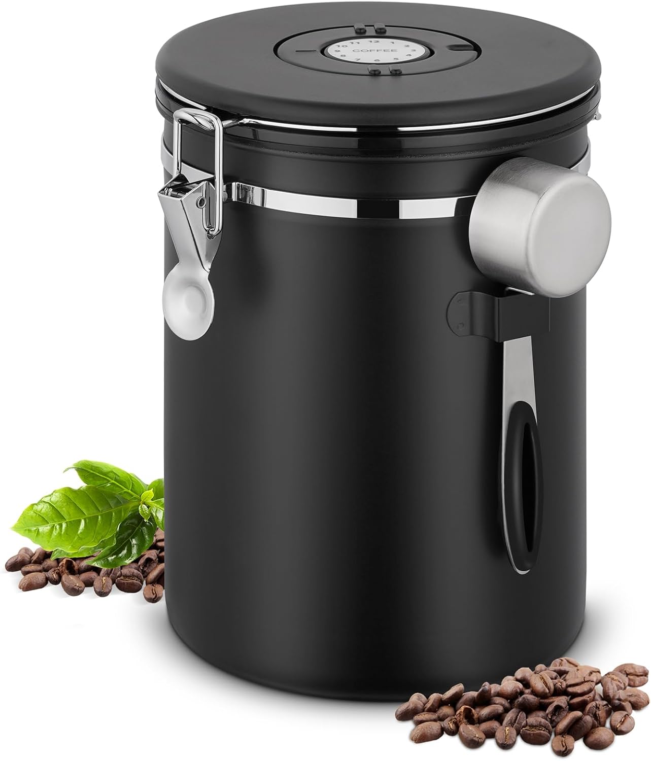 SMRONAR Coffee Canister Airtight, 2.8 L Coffee Beans Container Made of Stainless Steel, 1 kg Beans Vacuum Coffee Tin, Airtight Stainless Steel Coffee Jar with CO2 Valve, Measuring Spoon & Date Display