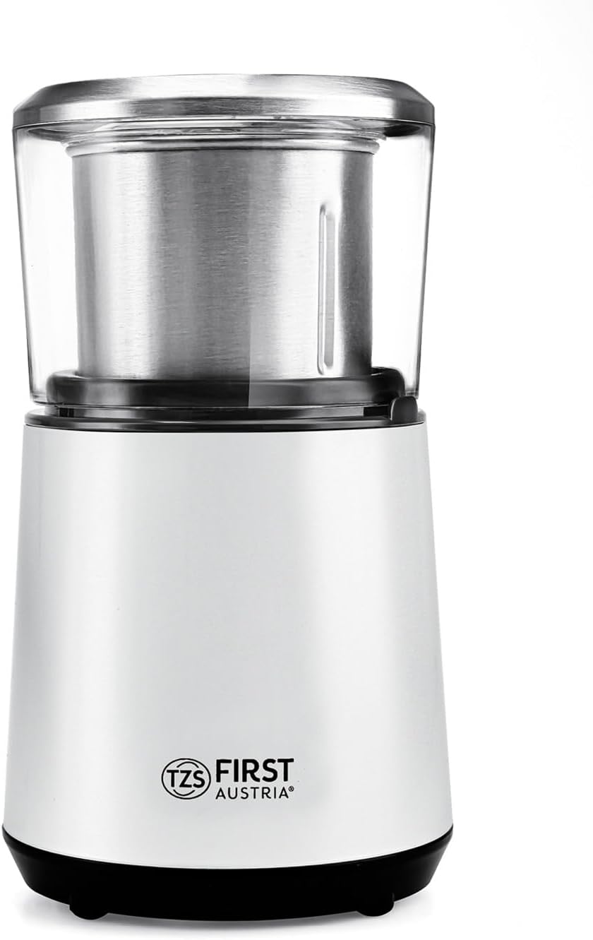 TZS First Austria Electric Coffee Grinder, 200 W, 27,000 rpm, 4 Stainless Steel Blades, Removable 50 g Stainless Steel Container, One-Handed Operation, Quiet, Compact, Easy to Clean, with Cable