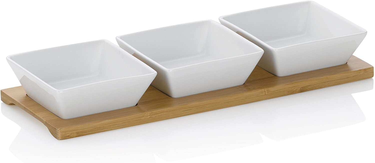 Kela Philipa 12261 4-Piece Porcelain Bowl Set with Bamboo Board, Rectangular, 33 x 12 x 5 cm, White