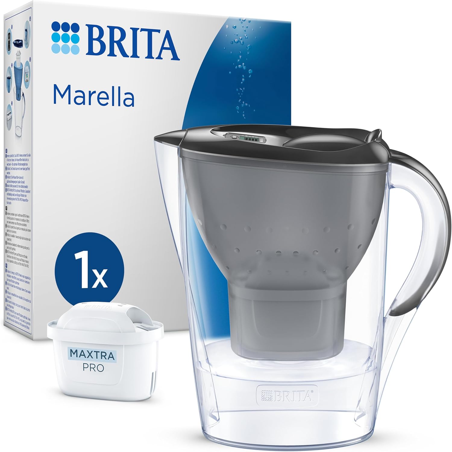 BRITA Marella Water Filter Jug Graphite (2.4 L) Including 1 x Maxtra Pro Pure Performance Cartridge - Refrigerator-Safe Filter Jug with BRITA Memo, Folding Lid, Filters Impurities