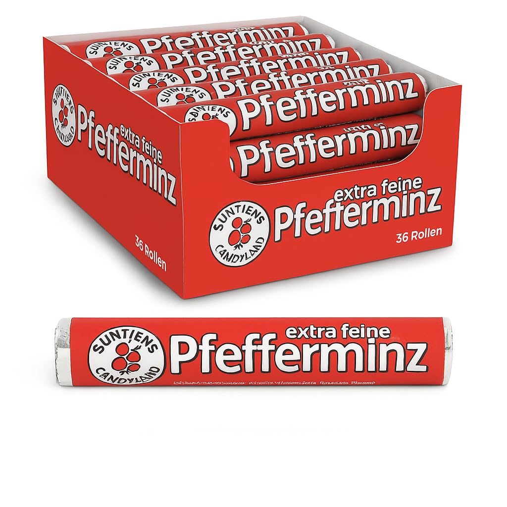 Suntjens Peppermint Rolls 36 x 30 g - Extra Fine Mint Sweets in Classic Roll - Refreshing Peppermint for Travel, Office & Car - No Artificial Dyes