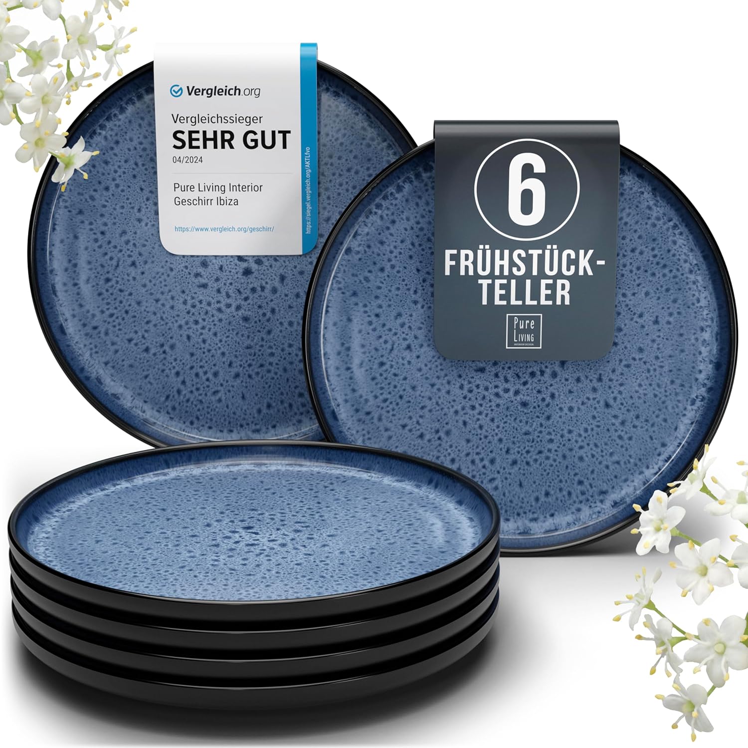 Pure Living Ibiza Stoneware Breakfast Plates for 6 People, Mediterranean Dessert Plate Set, ‘Very Good’ in Test, Cake Plates, Dishwasher-Safe, Scratch-Resistant, Small Plates, Salad Plates, Deep Blue