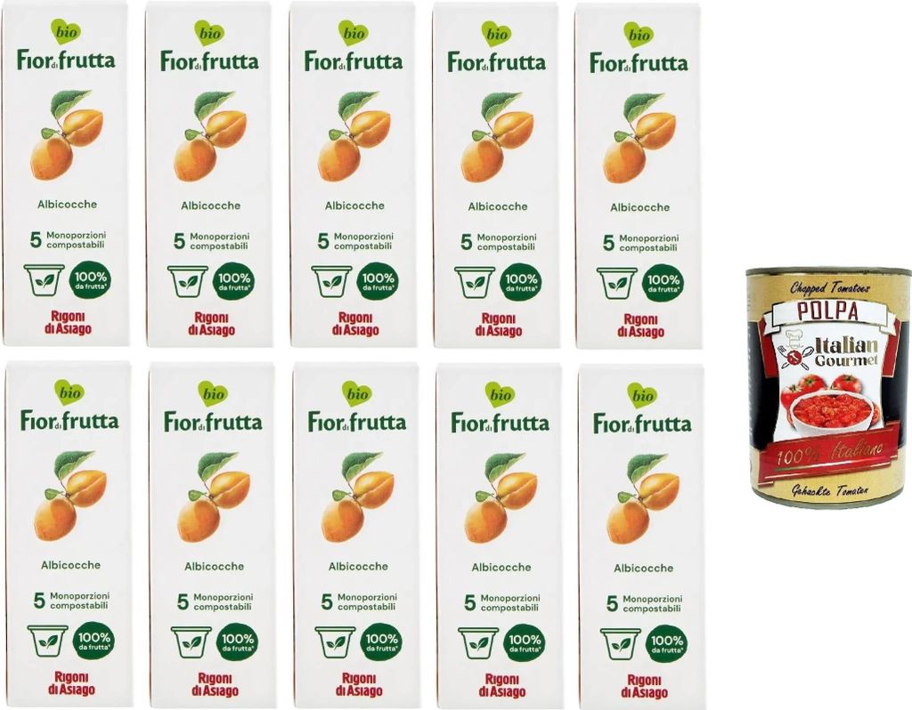 Rigoni di Asiago Fior di Frutta Albicocca 5 monodoses Fior di Frutta Apricot 5 individual doses 10x100gr + Italian Gourmet Polpa di Pomodoro 400gr 1040g