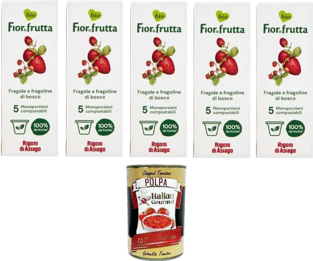 Rigoni di Asiago Fior di Frutta Strawberry Jam 5 single doses Fior di Frutta Erdbeermarmelade 5 Einzeldosen 5x100gr + Italian Gourmet Tomato Pulp 400gr