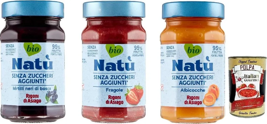 Rigoni di Asiago Natù Sample Pack - Apricot Preparation, Jam Without Added Sugar 3 x 240g + Italian Gourmet Polpa di Pomodoro 400g Can 1120g
