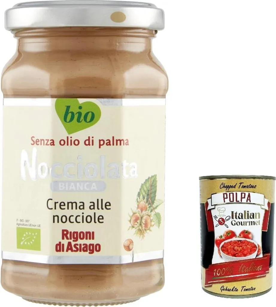 Rigoni di Asiago Nocciolata - Bianca, 12 x 250g, white chocolate, hazelnut cream without palm oil, nut nougat cream without palm oil, delicious spread + Italian Gourmet polpa 400g