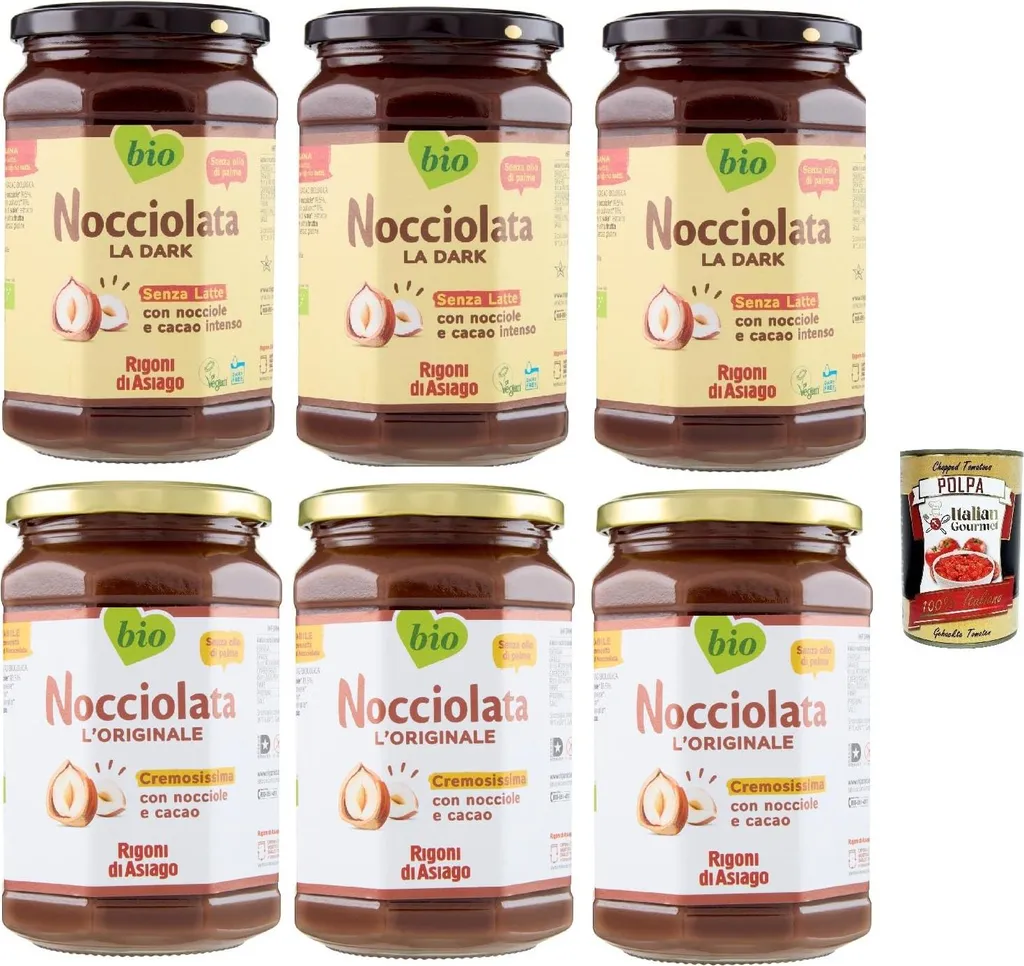 Rigoni di Asiago Nocciolata Sample Pack, Classica and La Dark, Dairy-Free, 6 x 650g, Hazelnut Cream without Palm Oil, Nut Nougat Cream without Palm Oil, Delicious Spread, + Italian Gourmet Polpa 400g