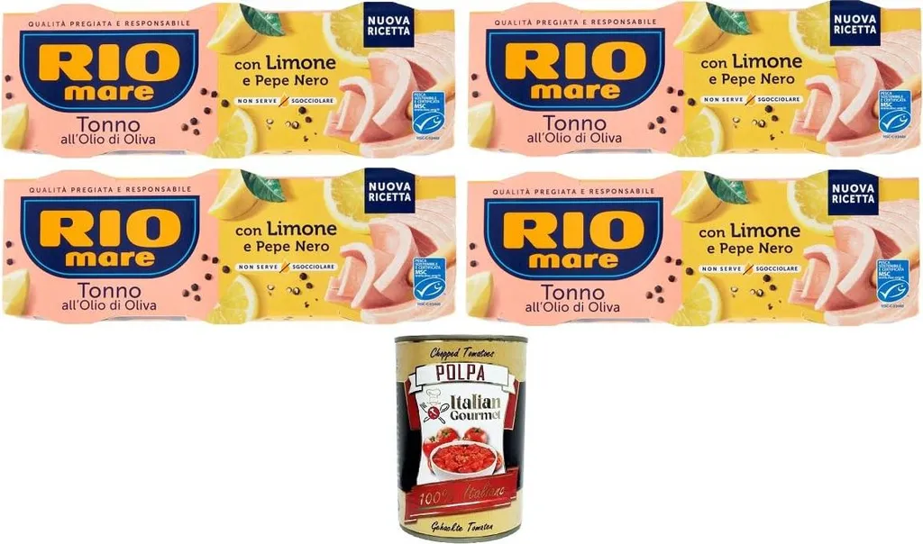 Rio Mare Tonno all’Olio di Oliva con Limone e Pepe Nero (Tuna in Olive Oil with Lemon and Black Pepper) 4 x 195g pack of 3 x 65g cans + Italian Gourmet polpa 400g