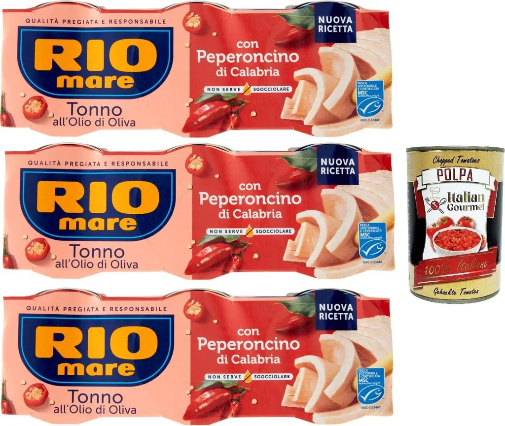 Rio mare Tonno allOlio di Oliva con Peperoncino di Calabria, Tuna with olive oil and Calabrian chili pepper 9x 65g + Italian Gourmet polpa 400g