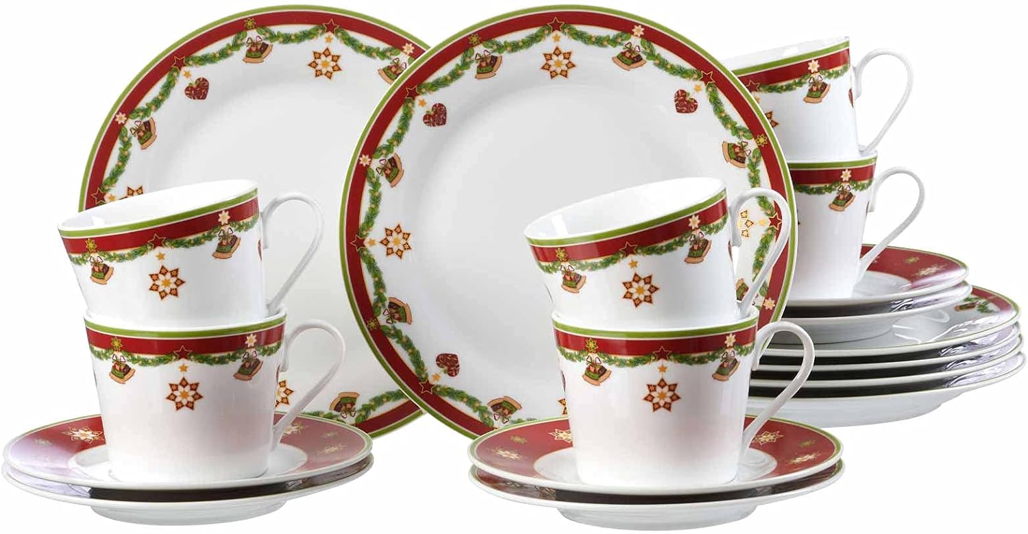 Ritzenhoff & Breker 18-Piece Crockery Set festive Coffee Service Traditional 6 Cake Plates Diameter 19 cm / 6 Coffee Cups 200 ml / 6 Coffee Saucers Diameter 14.5 cm Porcelain Dishwasher Safe