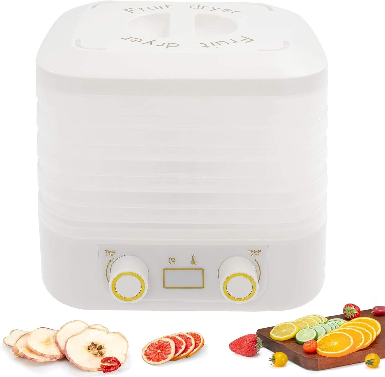 DHQCQL Dehydrator, 160 W Dehydrator with 5 Sticks, 360° Efficient Dry, 48H Timer, LED Display, 35-70°C Temperature Control, Food Dehydrator, 50 dB Freezer Dryer for Food, Meat, Vegetables, Fruits (White)