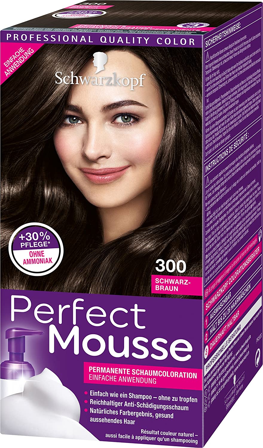 Schwarzkopf Perfect Mousse Permanent Foam Color 300 Black Brown Level 3 Pack of 3 x 93 ml, step ‎black-brown