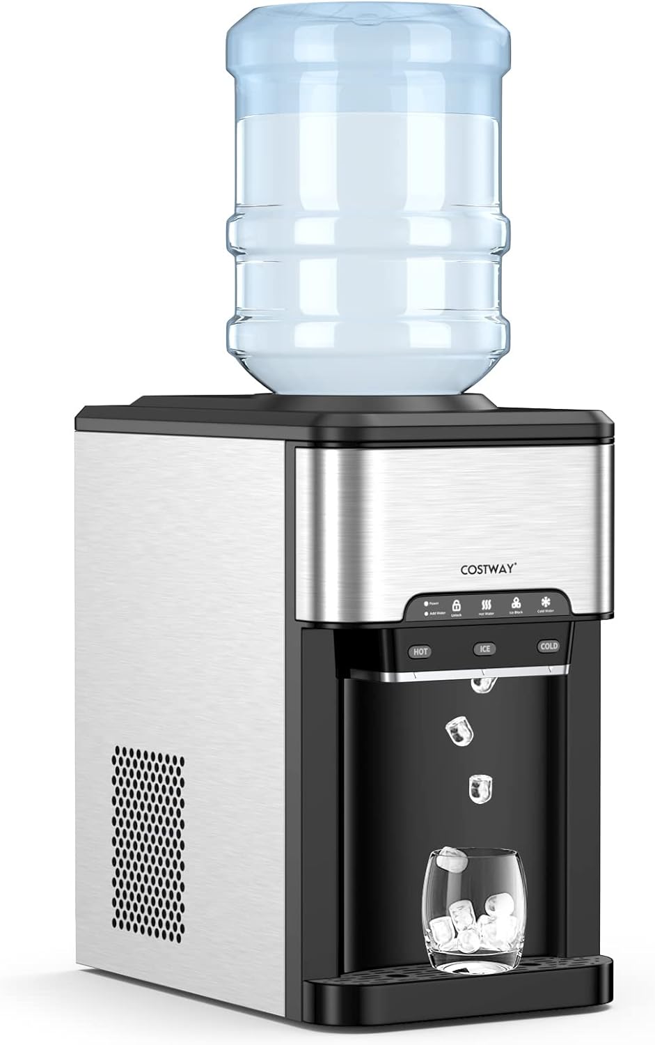 COSTWAY 3-in-1 Water Dispenser Ice Cube Machine with Hot/Cold Water, Ice Cube in 10 Minutes, Ice Maker 3 L Water Tank, Ice Cube Maker 19 kg/Day for Home, Office