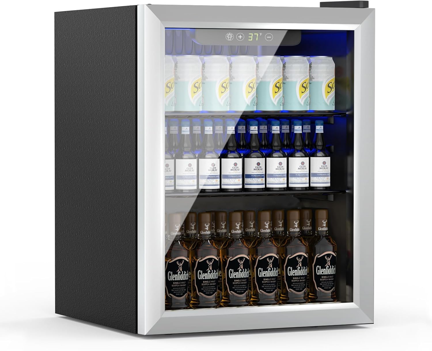 Drinks Refrigerator, 70 Cans/50 L Mini Fridge with Glass Door for Lemonade, Beer or Wine, Freestanding Small Fridge with Adjustable Removable Shelves and LED Display (Silver)