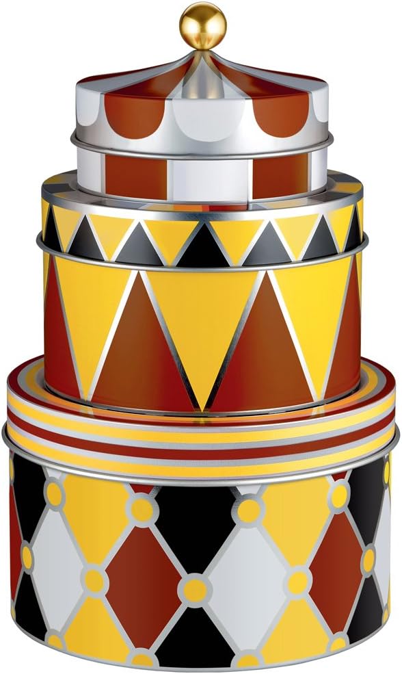 Alessi MW31S3 Circus Set of three all-purpose boxes in tinplate with decoration Ø cm 11.2 – h cm 8.3/Ø 4 ½” – h 3 ¼” Ø cm 14.4 – h cm 9 h/Ø 5 ¾” – h 3 ½” Ø cm 17.6 – h cm 11/Ø 7” – h 4 ¼”