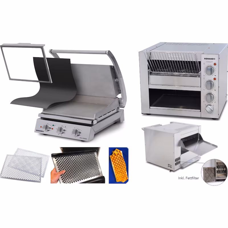 Roband Complete Set Professional Burger Station with Grill including Accessories and Eclipse Bun Toaster GSA815S-ET315-FK