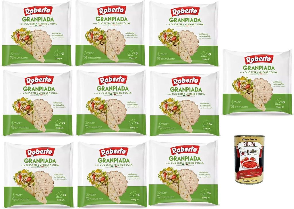 Roberto GranPiada with extra virgin olive oil, thin and fragrant piadina bread, 10 x pack of 330g, each pack contains 3 wraps + Italian Gourmet Polpa di Pomodoro 400g can
