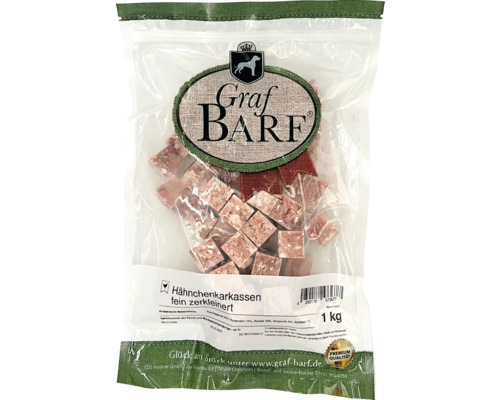Raw food, frozen dog food BARF, Graf BARF chicken carcasses, finely chopped, 1.0 kg, deep-frozen