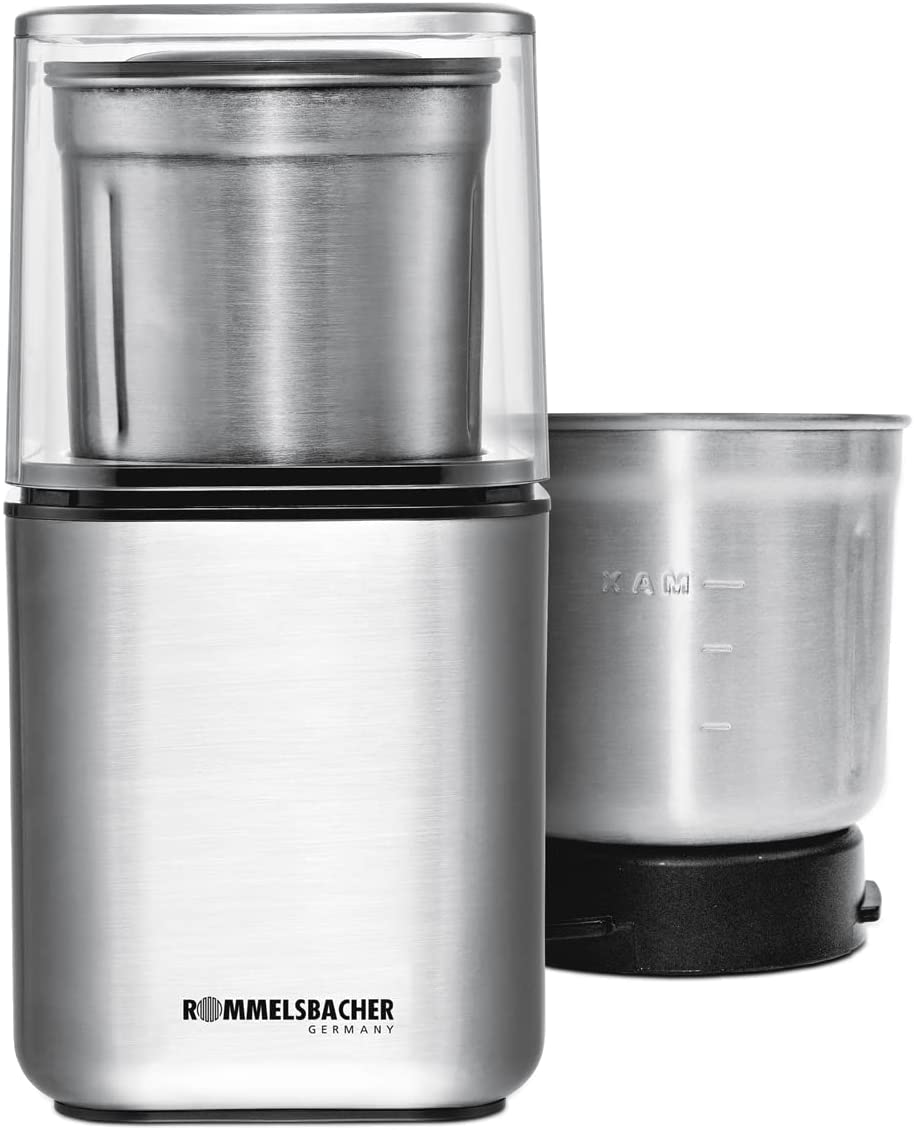 ROMMELSBACHER Spice and Coffee Mill EGK 200 – 2 Stainless Steel Containers with Impact Knife and Special Knife, Capacity 70 g, Choice of Grinding Level Over Grinding Time, Also for Pesto, Spices, Nuts, Sugar, 200 Watts