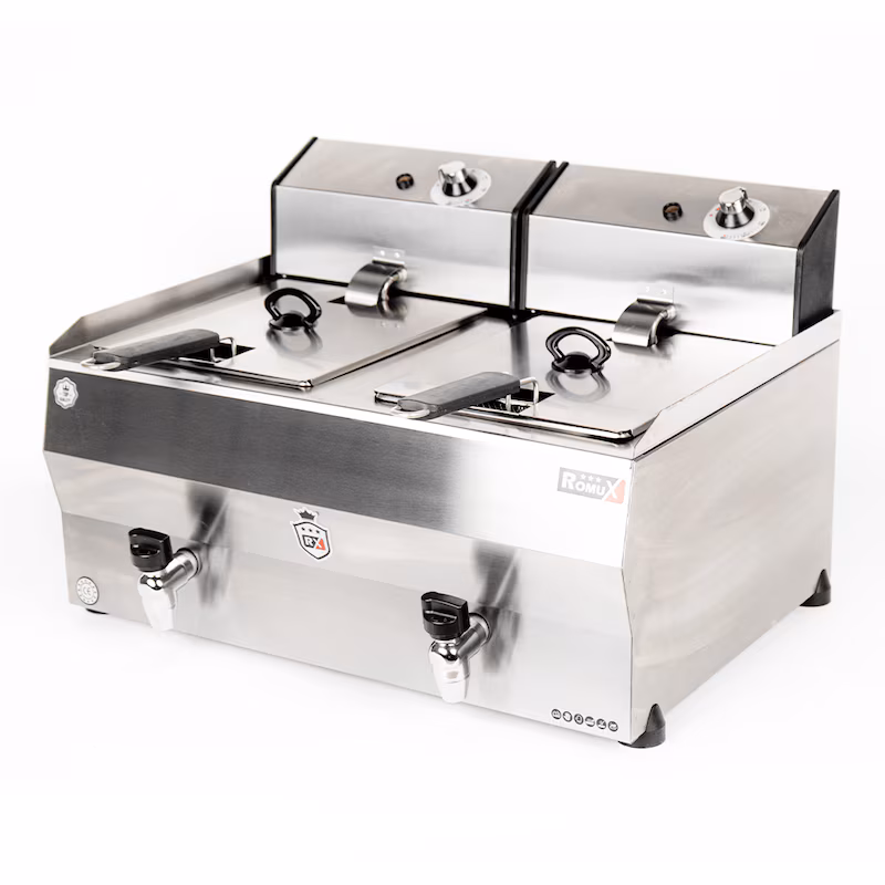 Romux® Professional Electric Fryer 10+10 Liter Countertop Double Fryer | Stainless Steel Fryer with Drain Tap 7000 W with Safety Thermostat