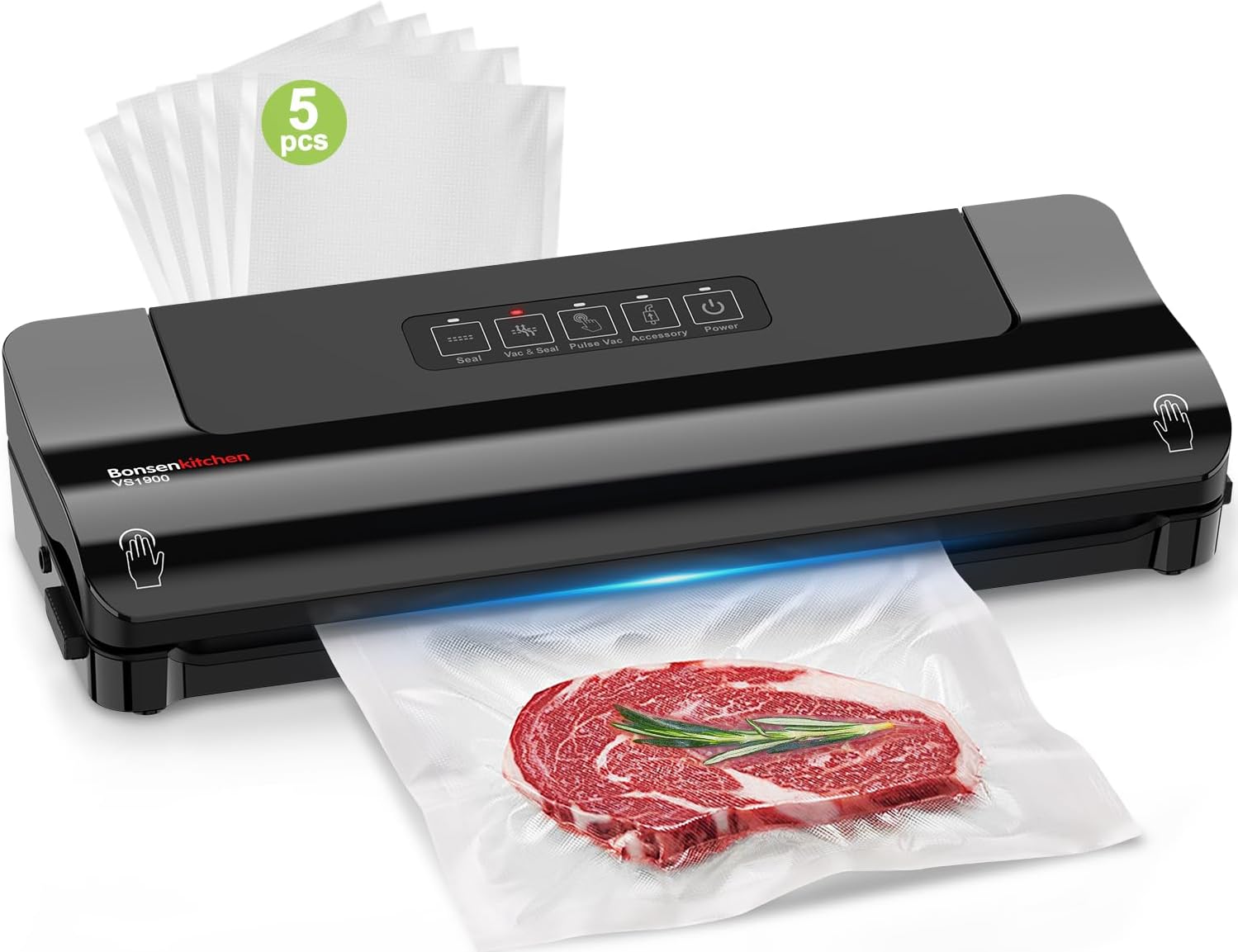 Bonsenkitchen Vacuum Sealer, Vacuum Sealer for Continuous Work at High Speed, Multifunctional Vacuum Sealer for Food with Vacuum Bags and Accessory Hose (Black)