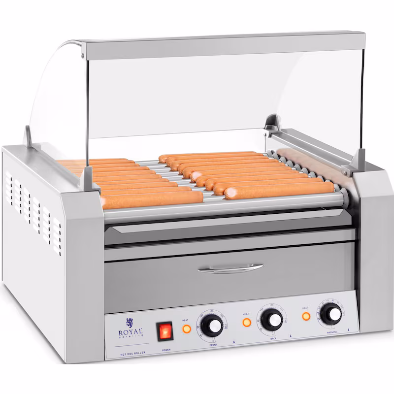 Royal Catering Hot Dog Grill - 11 Wheels - Warming Drawer - Stainless Steel
