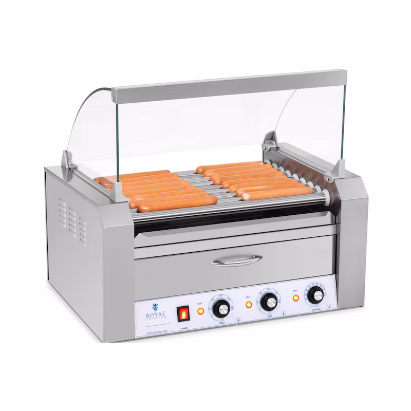 Royal Catering Hot Dog Grill - 9 Wheels - Warming Drawer - Stainless Steel