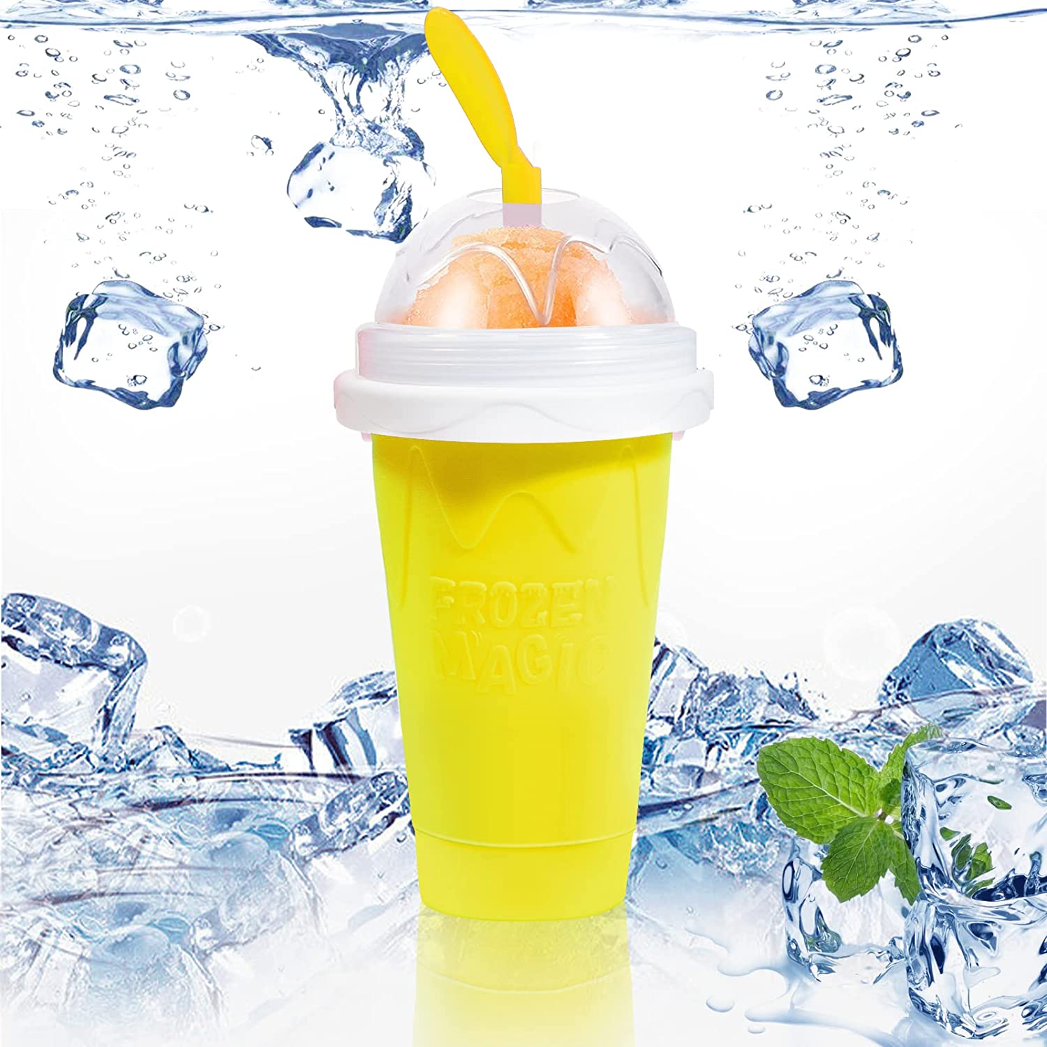 PORTHOLIC Slushy Maker Chillfactor Magic Freez, Slush Ice Cup with Straw Spoon, Ice Cream Glass Alternative for Making Ice Cream, Slush Ice Maker, Raspberry (Yellow)