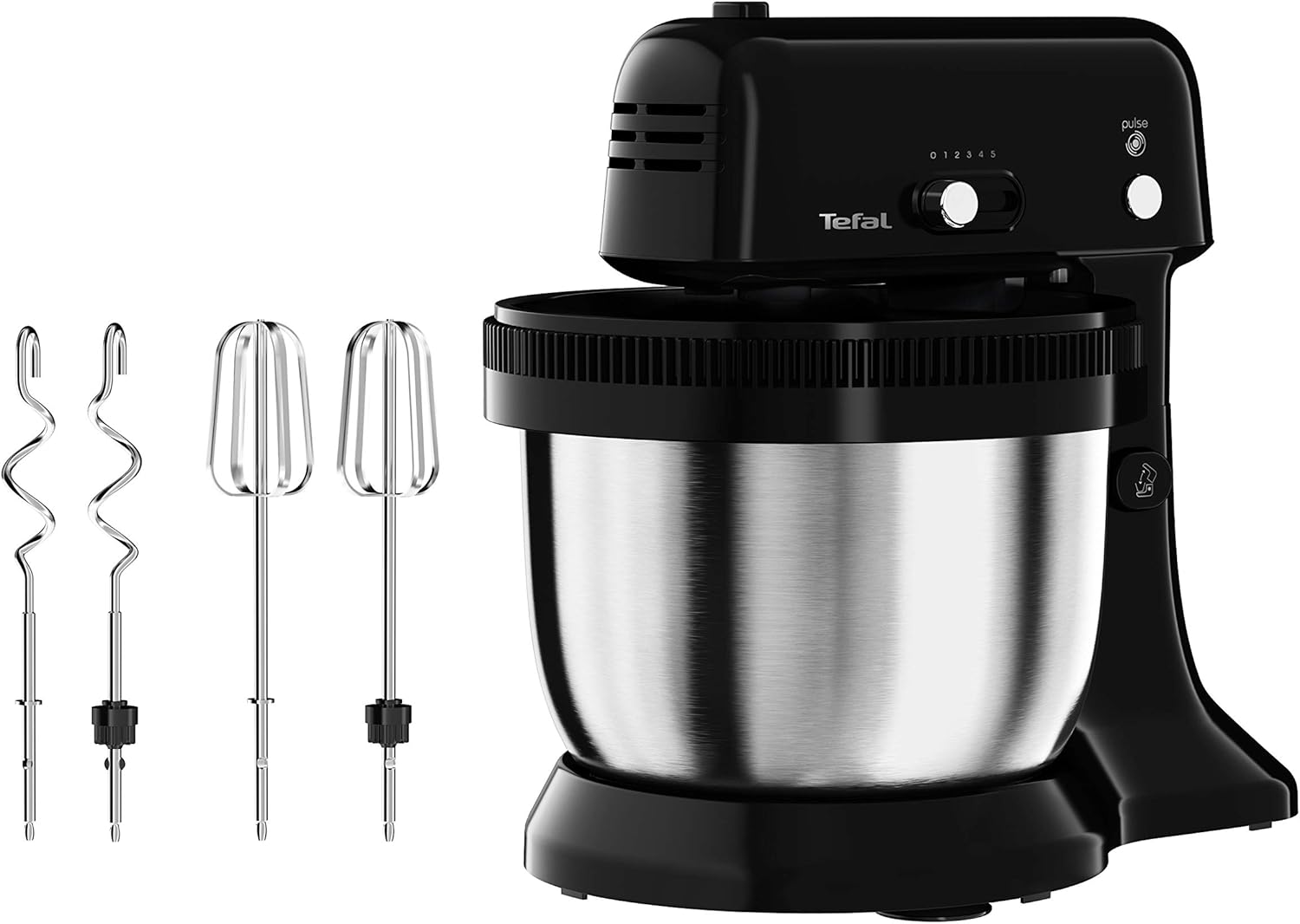 Tefal QB1108 Oh My Cake Food Processor | 300 watts | Satellite Stirrer | 4L Stainless Steel Bowl | Compact Size | 5 speeds | Includes 2 whisks, 2 dough hooks Black