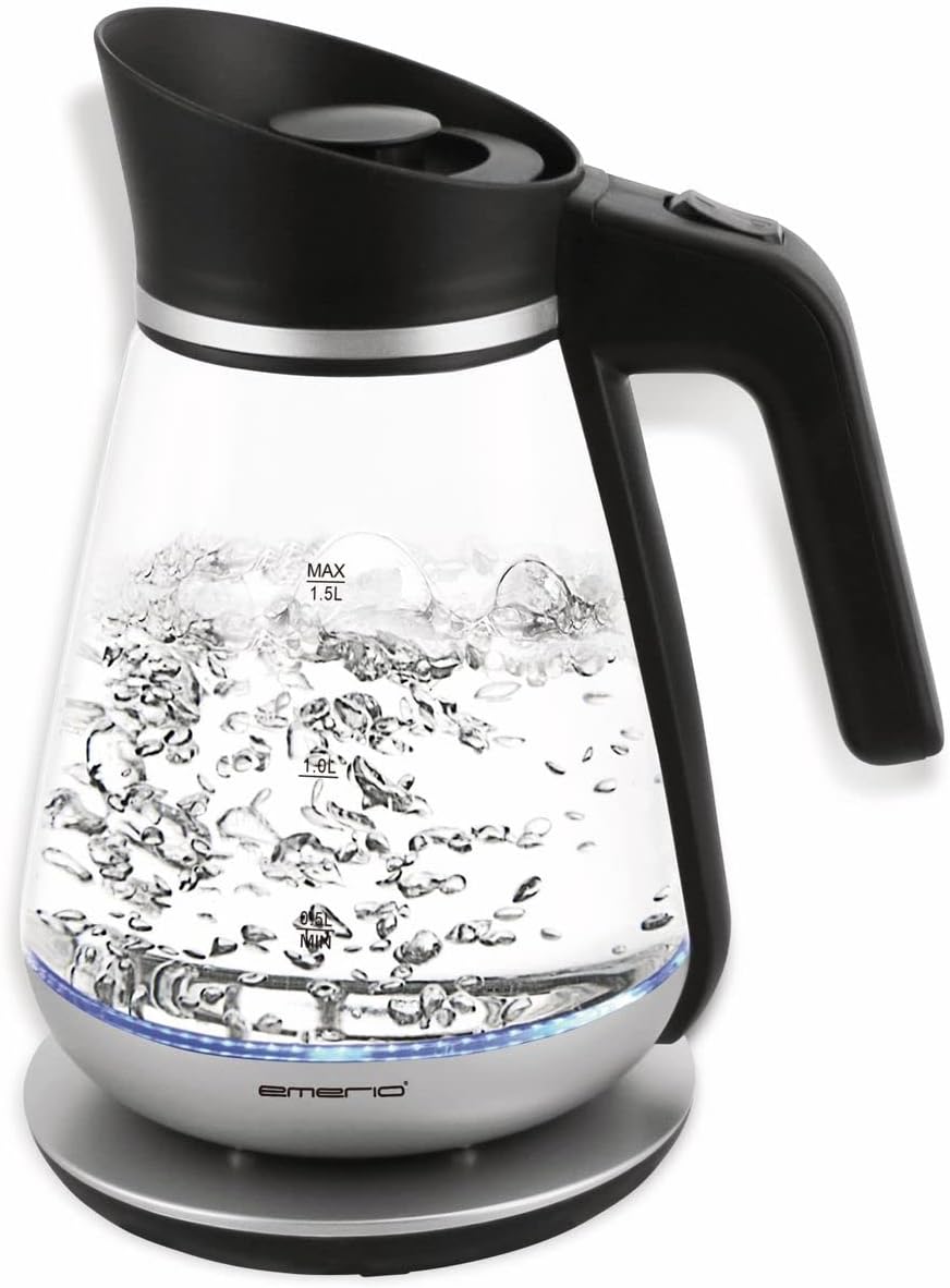 Emerio Design Glass Kettle, 1.5 L, Swiss Design, Borosilicate Glass, Wireless, LED Lighting, Limescale Filter, 2200 Watt, Black/Silver