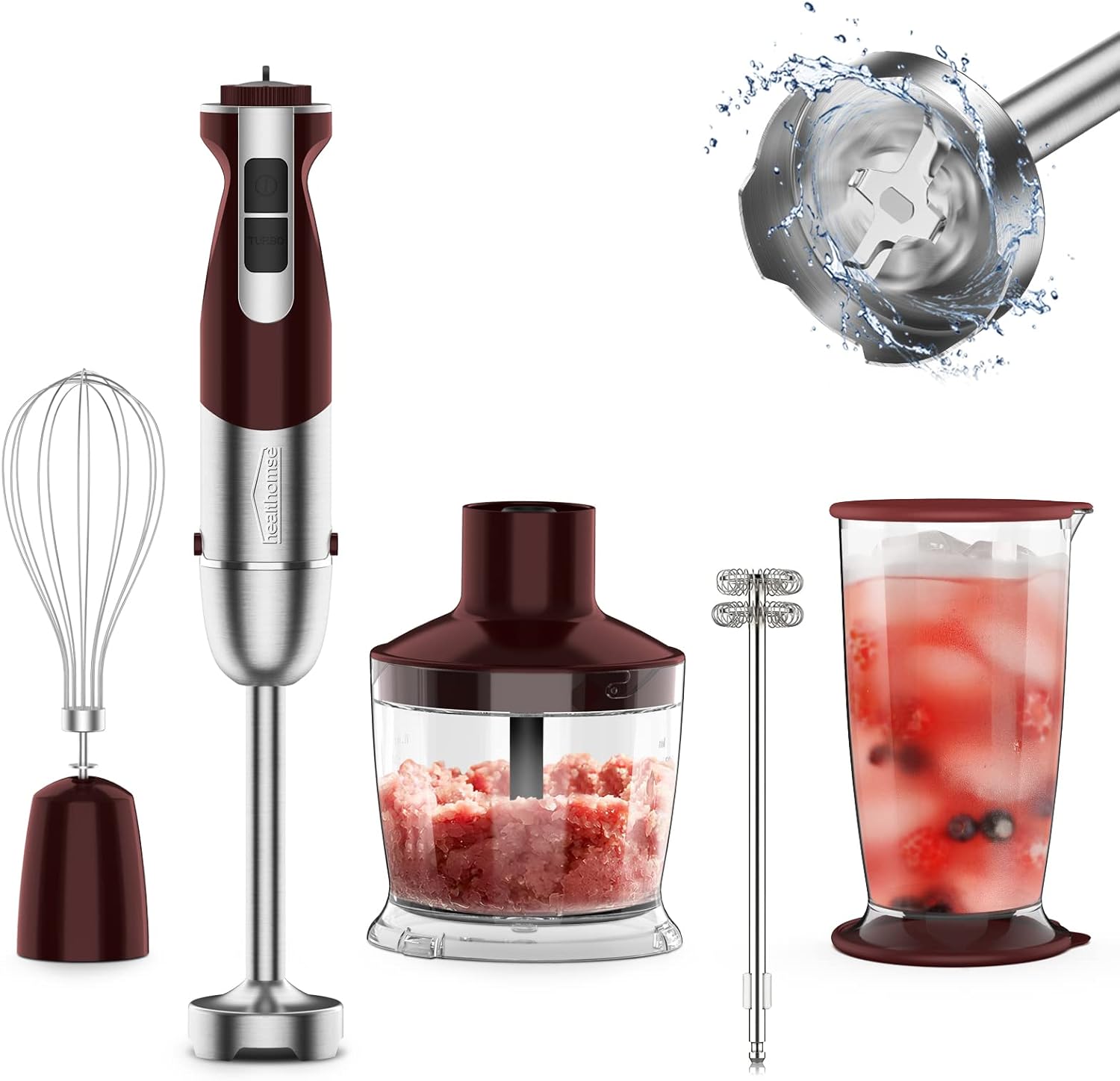 Healthomse Hand Blender, Hand Blender Set, 5 in 1 Purée Blender, Stainless Steel Test Winner, 800 W Anti-Splash with 12 Speed, 500 ml Chopper, Whisk, 700 ml Measuring Cup, BPA-Free