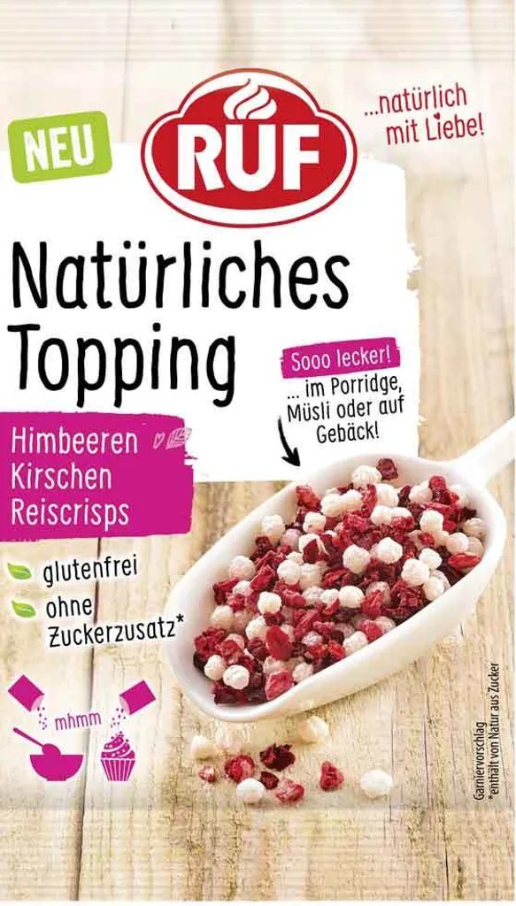 RUF Natural Topping Raspberries, Cherries, Rice Crispies 15g