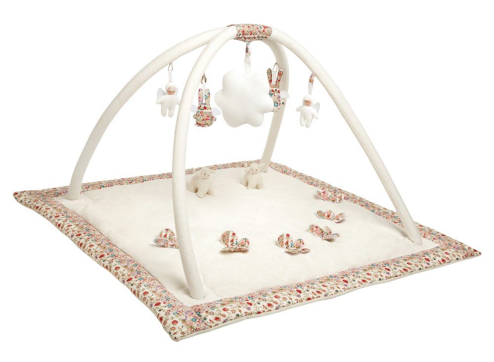 Trousselier Musical Play Mat - Butterfly Sheep & Angel - Red Flowers Cotton Print - Music Romeo & Julia - Classic Chic - Ideal Birth Gift - Ivory