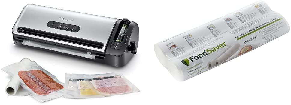 FoodSaver FFS017X Foil Welding Machine / Marinating Mode / Includes Vacuum Bag Starter Pack / Stainless Steel + Vacuum Rolls 2 Pieces 28 x 550 cm / Foil Rolls for Food / Vacuum Sealers / Sous-Vide