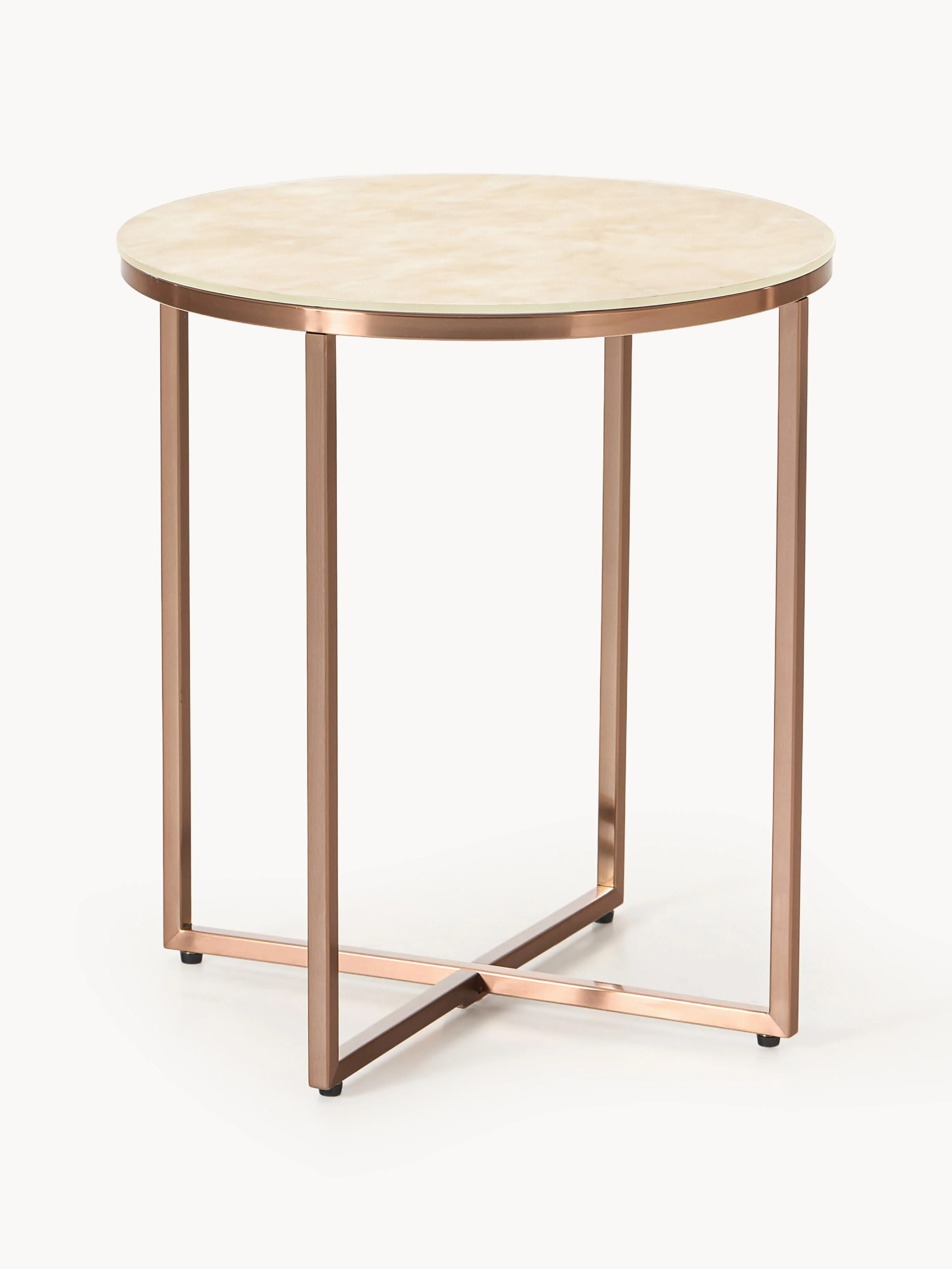 Westwing Collection Antigua round side table with glass top in marble look, Marble-effect beige, glossy copper