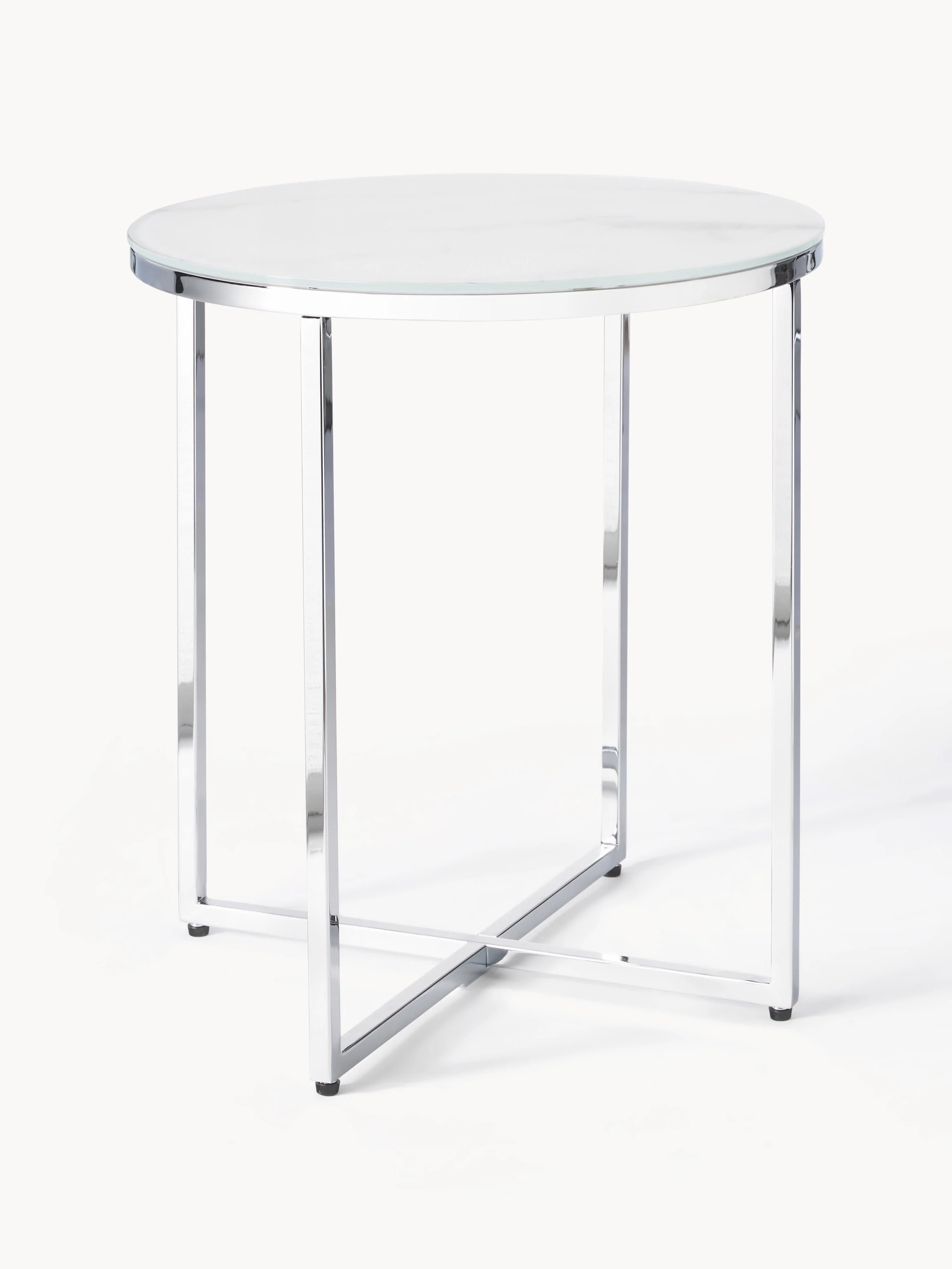 Westwing Collection Antigua round side table with glass top in marble look, White with a marble look, shiny silver