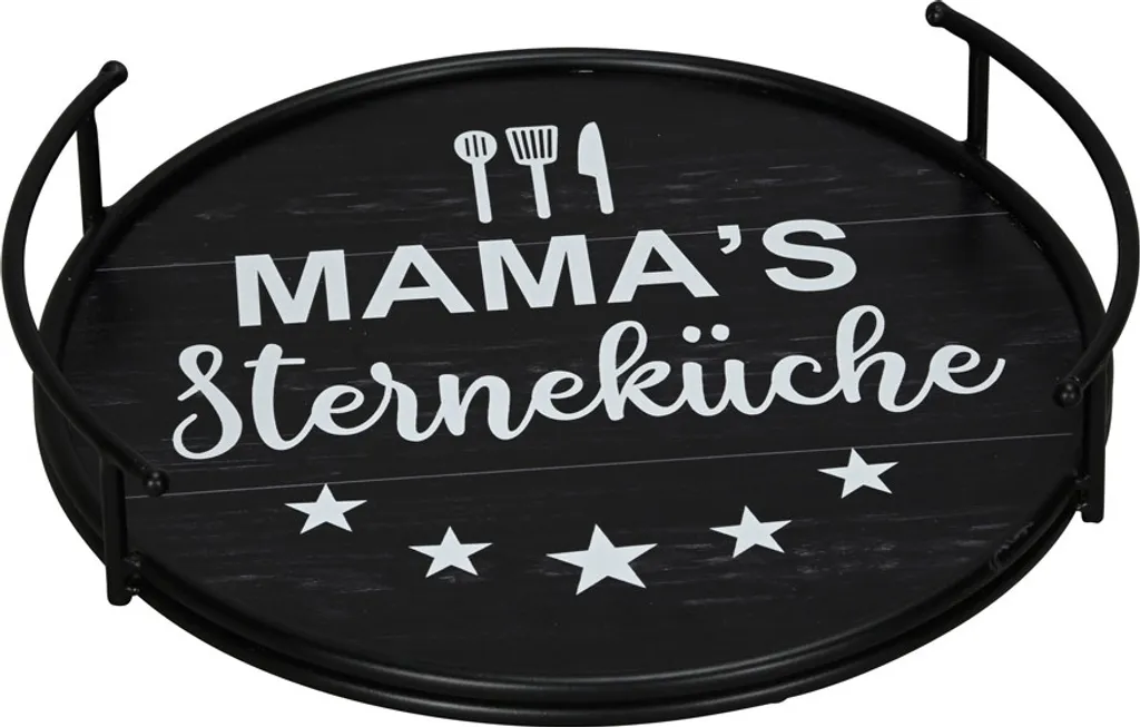 Round decorative tray MAMA'S STAR KITCHEN black and white made of wood and metal D30cm