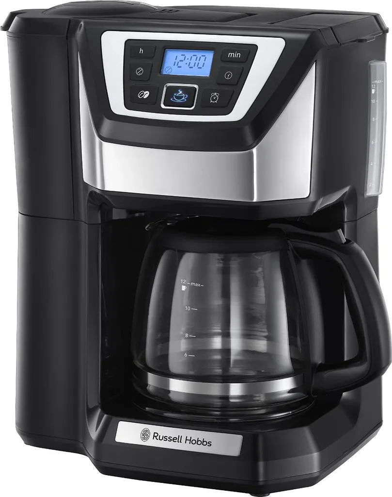 Russell Hobbs Coffee Maker with Grinder [Digital Timer, Shower Head for Optimal Extraction & Aroma] Victory (1 to 12 Cups, 1.5L Glass Carafe, Grind Adjustment) Filter Coffee Machine 22000-56
