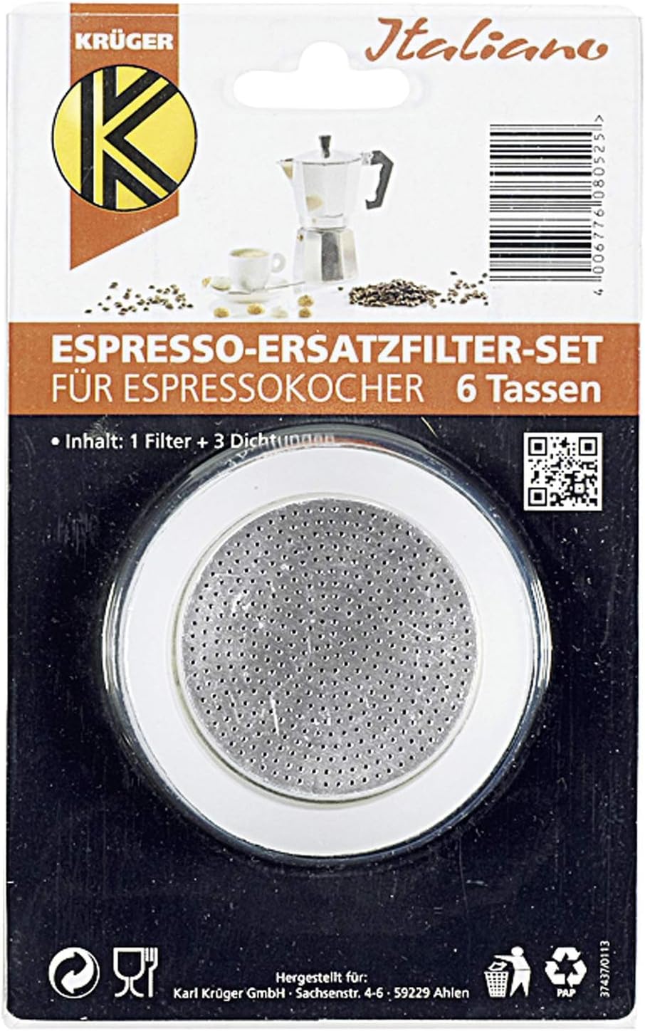 Kruger Karl Krüger 505s 1 filter and 3 sealing ring for espressok 6 t, silicone, white, 10 x 10 x 1 cm