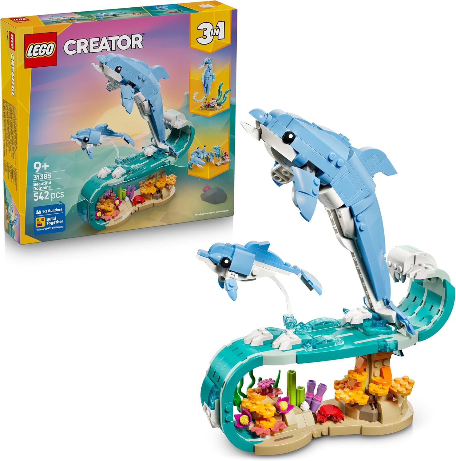 LEGO Creator 3-in-1 Set Sea Creatures: Beautiful Dolphins - Animal Model Making & Construction Toy - Construction Set with 3 Building Options: Dolphins, Seahorses or Crab - Gift for Children - 31385